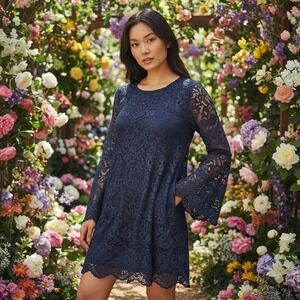 Charlotte‎ Russe Navy Blue Lace Bell Sleeve Dress J9538 Womens Medium